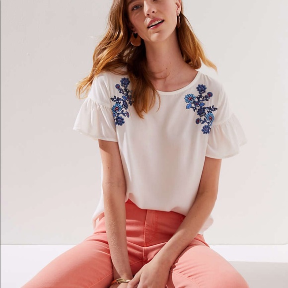 LOFT Tops - White Loft top with floral embroidery